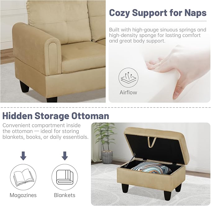 L-Shape 3-Piece Cloud Sofa, Couch for Living Room, Beige Flannel Fabric L-Shape with Reversible Chaise & Storage Ottoman, Ergonomic 110–115° Recline, Solid-Wood Frame