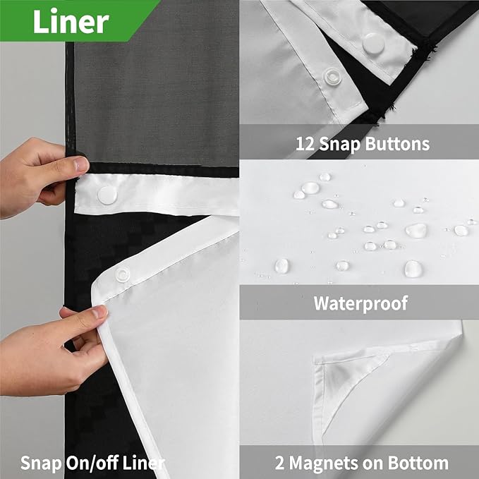 Long No Hook Tufted Chevron Striped Shower Curtain with Snap-in Fabric Liner set-71Wx80H(78H),Black Hotel Grade Boho Style Shower Curtain with See Through Top Window,Water Repellent