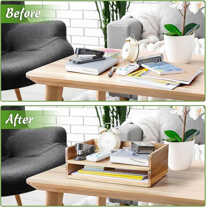 DRASTAR Paper Organizer Letter Tray, 2 Packs Acacia Wooden Stackable Letter Tray, A4 File Sorter Desk Organizer, Desk Organizers and Accessories for Home Office Supplies