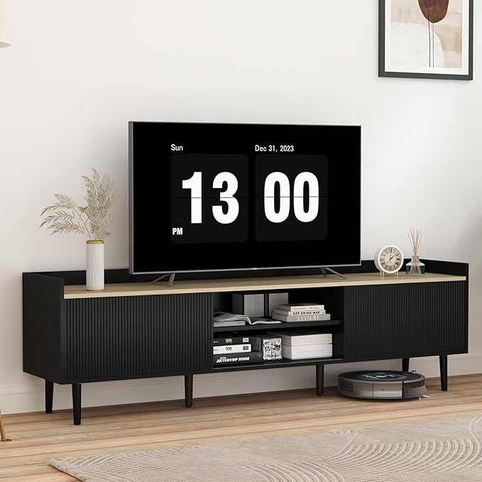 Bonzy Home 70'' Fluted TV Stand Modern Entertainment Center with Sliding Doors & Storage for up to 75'' TV, Media TV Console for Living Room & Bedroom, Black