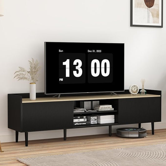 Bonzy Home 70'' Fluted TV Stand Modern Entertainment Center with Sliding Doors & Storage for up to 75'' TV, Media TV Console for Living Room & Bedroom, Black
