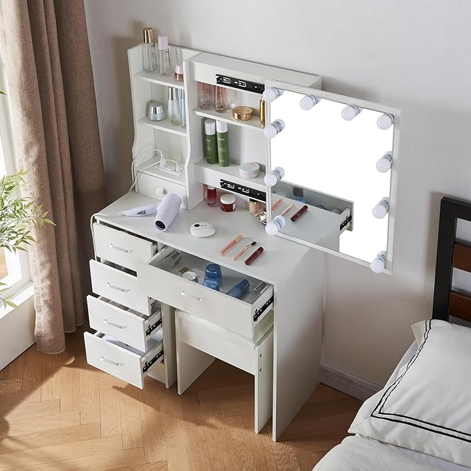 Dressing Table with Power Outlet for Hair Dryer, Phone Charging, Vanity Set with Miror and Lights, 5 Drawers and 6 Cabinets, Makeup Table for Girls, White