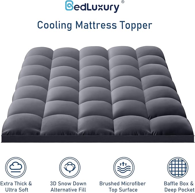 Twin XL Mattress Topper Extra Thick Pillowtop Cooling Plush Mattress Pad Cover Protector with 8-21 Inch Deep Pocket 3D Snow Down Alternative Fill Grey