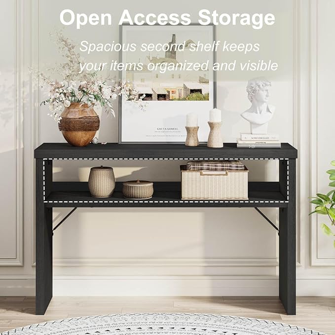 BON AUGURE Console Table with Storage, Black Entryway Table, Wooden Couch Tables Behind Sofa for Living Room, 2 Tier Front Door Entrance Tables (Black Oak, 47 Inches)