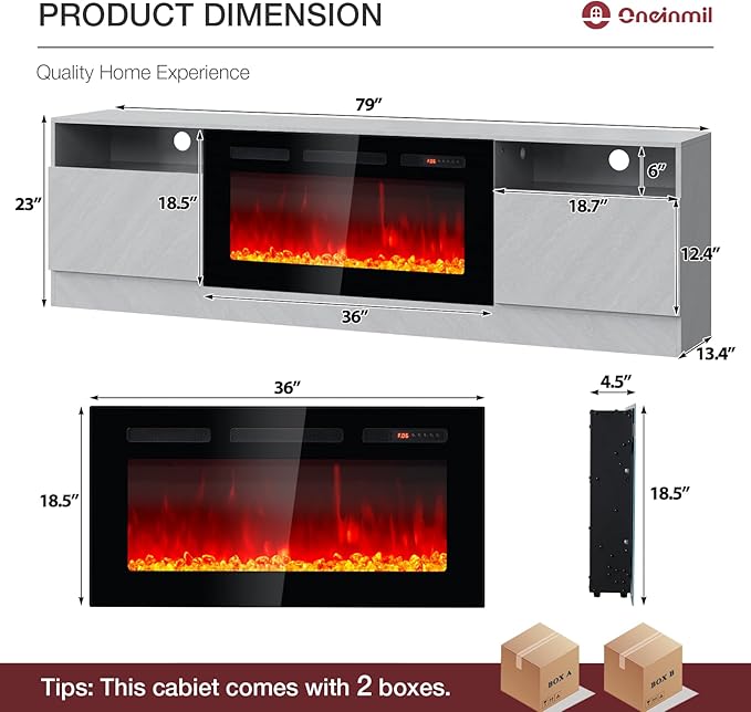 oneinmil 80” TV Stand with 36” Electric Fireplace, Large Modern Media Entertainment Center with Storage Cabinet and 12 Colors LED Lights for TVs Up to 90", Gray TV Stand and Black Fireplace