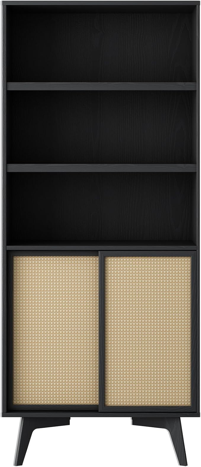MUSEHOMEINC 5-Tier Tall Bookcase with Sliding Rattan Doors, Black Wooden Bookshelf with Storage, Farmhouse Office Bookshelves for Living Room,Office, Bedroom