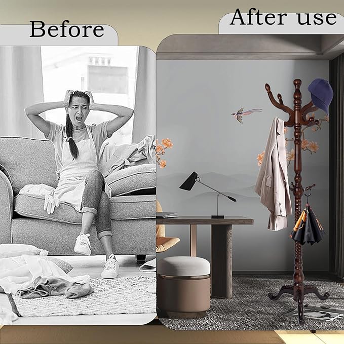 Coat Rack Freestanding, Wooden Tree Coat Rack Stand with 2 Adjustable Sizes Coat Tree and 11 Hooks, Sturdy Hall Tree with Tri-Legged Base for Entryway, Hallway, Bedroom (Walnut-Tri-Legged Base)