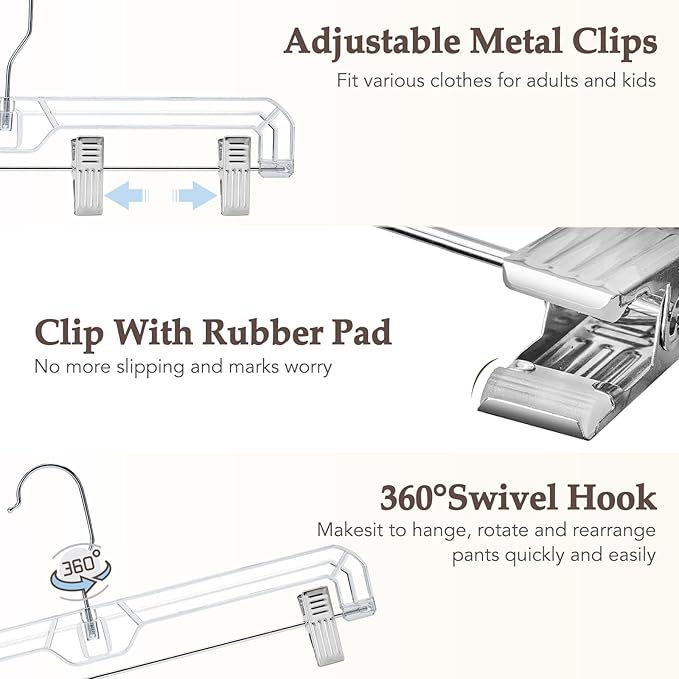 HOUSE DAY Bulk Clear Pants Hangers with Clips 500 Pack, Non-Slip Plastic Skirt Hanger with 2 Adjustable Clips, Slim Clip Hangers for Pants, Skirts, Shorts, 14" Clear Hanger, 360-Rotating Swivel Hook
