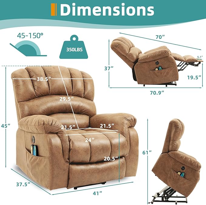 MEETWARM Large Power Lift Electric Recliner Chair with Extended Footrest for Elderly, Big and Tall Lift Chair for Seniors Reclining Chair for Living Room with Massage and Heated,USB Ports(Sand)