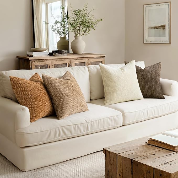 MIULEE Pack of 4 Brown Couch Throw Pillow Covers 20x20 Inch Soft Fall Decorative Chenille Pillows Farmhouse Accent Cushions for Boho Home Decor Spring Sofa Bedroom Living Room