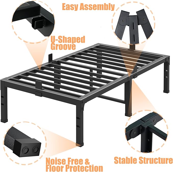 FUIOBYVV Twin Bed Frames, 16 Inch Heavy Duty Metal Platform Bed Frame Twin Size Support Up to 3500 lbs, No Box Spring Needed/No Shaking/Steel Slat Support/Noise Free/Easy Assembly