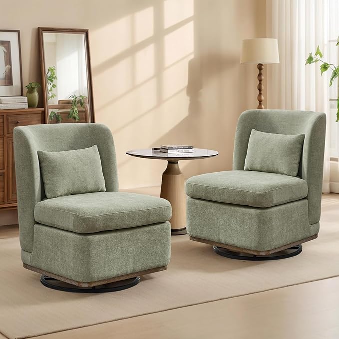 Chifee & Vingol 25.2 "W Chenille Armless Swivel Accent Chair Modern Upholstered Sofa Chair Set of 2 with Pillow, Green