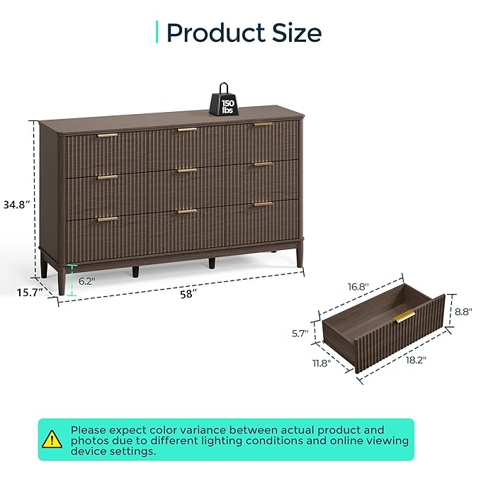 LINSY HOME Fluted Dresser for Bedroom with 9 Drawers, 58" Wide Chest of Drawers, Mid Century Modern Dresser TV Stand with Metal Handle, Wood Closet Storage Cabinet for Living Room, Hallway, Walnut