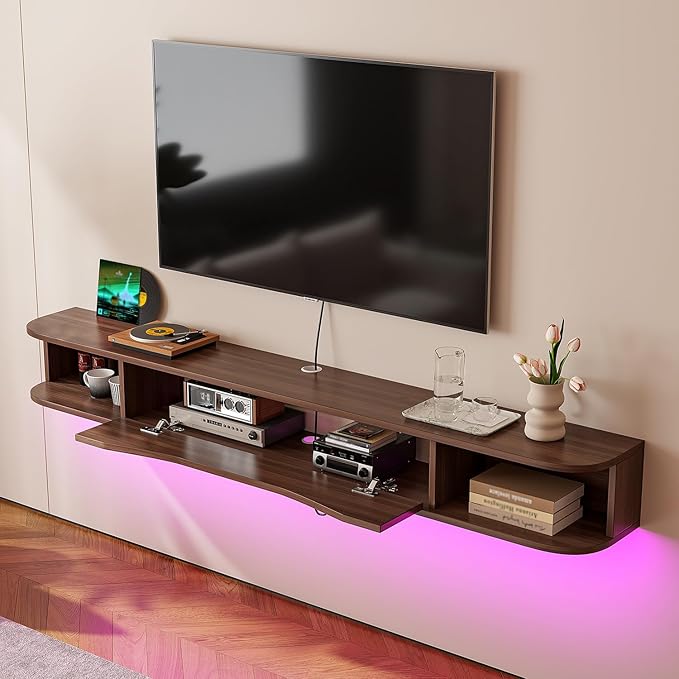 Floating TV Stand,94'' Wall Mounted TV Cabinet,Floating TV Console,Under TV Shelf with 1 Door and 2 Cabinets for TVs up to 90''(Walnut)