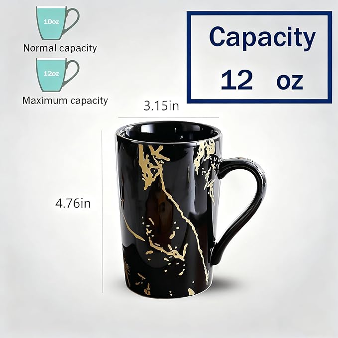 Porcelain Coffee Mugs, 12 Ounce, Set of 6, Black | Hot Tea | Cappuccino | Mocha | Cocoa | Cups for Latte