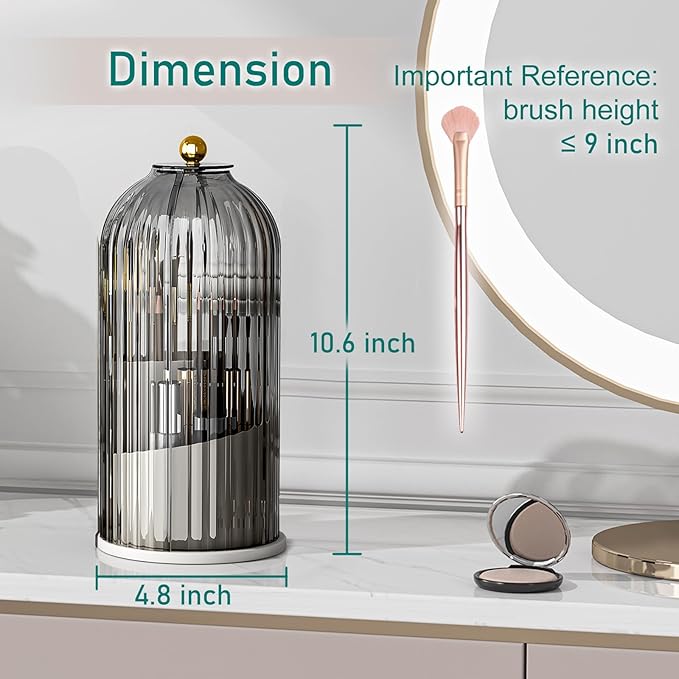 GAXmi Makeup Brush Holder with Lid Cosmetic Tools Organizer 360 Rotating Waterproof Dustproof Makeup Brushes Storage for Vanity, Grey