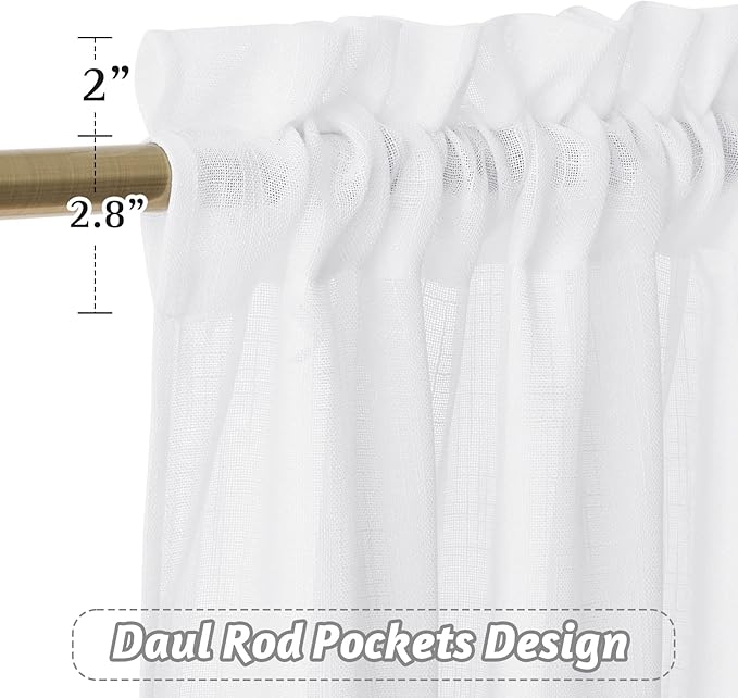 RYB HOME Semi Sheer Curtains 63 inches Length, Short Linen Textured Breathable Curtains Panels for Bay Window Farmhouse, Rod Pocket, Indoor, White, 52 x 63 Inch Length 2 Panels