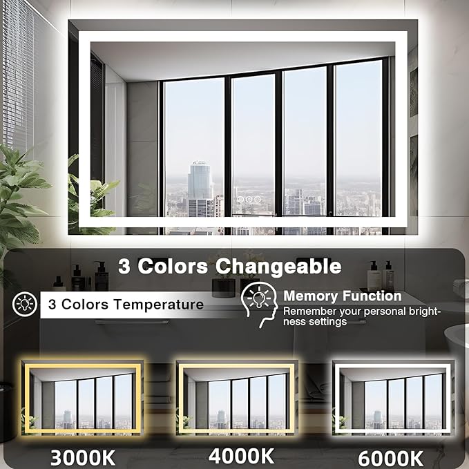 50"x36" Lighted Mirrors for Bathroom Wall, Anti-Fog LED Vanity Mirror, Shatter-Proof, 3 Colors Memory Mirror (Horizontal/Vertical)
