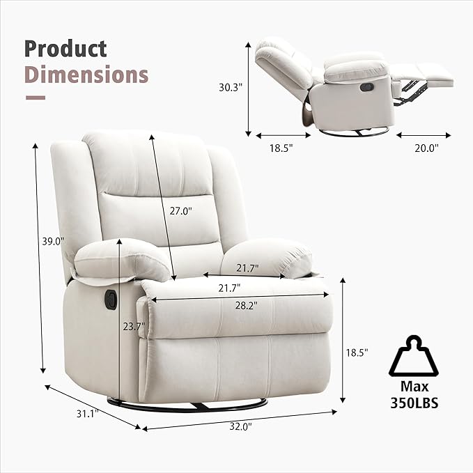 Swivel Rocking Recliner Chair for Adults, Overstuffed Manual Rocker Nursery Recliner Glider, Upholstered Fabric Reclining Single Sofa Chair for Living Room (Beige)