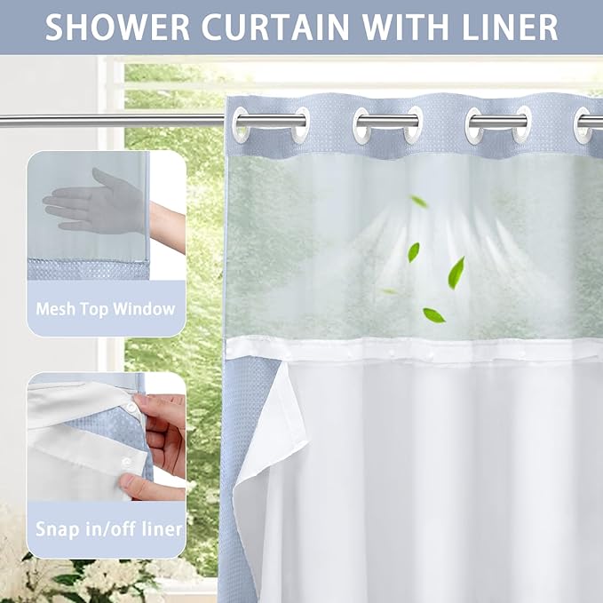 YellyHommy No Hook Shower Curtain with Snap in Liner Set Less Time Waffle Shower Curtain for Bathroom (Mist Blue, 87" L x 72" W)