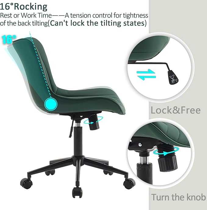 YOUTASTE Dark Green Office Chair, Modern Armless Desk Chair with Back, Adjustable Swivel Rolling Faux Leather Task Chair with Wheels Metal Base for Home Office, Study, or Vanity