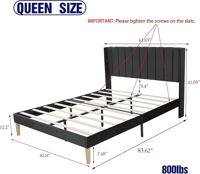 Upholstered Platform Queen Size Bed Frame with Headboard Wooden Slats Support No Noise Easy Assembly Black Linen