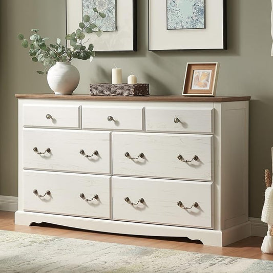 AMERLIFE 7 Drawers Dresser for Bedroom, Farmhouse Chest of Drawers with Vintage Metal Handle, Wooden Dresser Organizer for Hallway, White+Barnwood