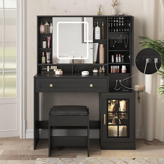 Vabches Vanity Desk with Sliding Mirror and Lights, 41.8'' Black Makeup Vanity Table with Jewelry Storage & Charging Station, Stool, Large Drawer, Visual Cabinet, 3 Lighting Modes, Adjustable Shelves