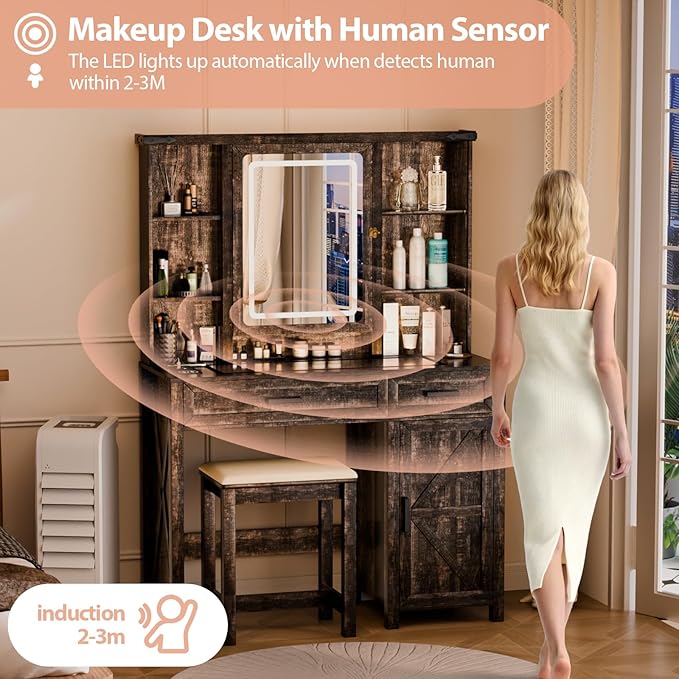 Farmhouse Makeup Vanity, Vanity Desk with 3 in 1 Charging Station and Human Body Sensing LED Lights, Vanity Table with Glass Tabletop & Hidden Jewelry Cabinet, Stool Included, Vintage Brown