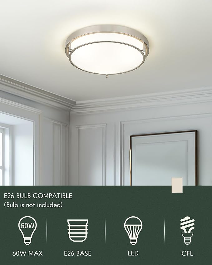 16 inch Close to Ceiling Light Fixtures, Brushed Nickel Farmhouse Ceiling Light with 3 Light for Laundry Kitchen Bedroom Bathroom, CL4822-3W-BN