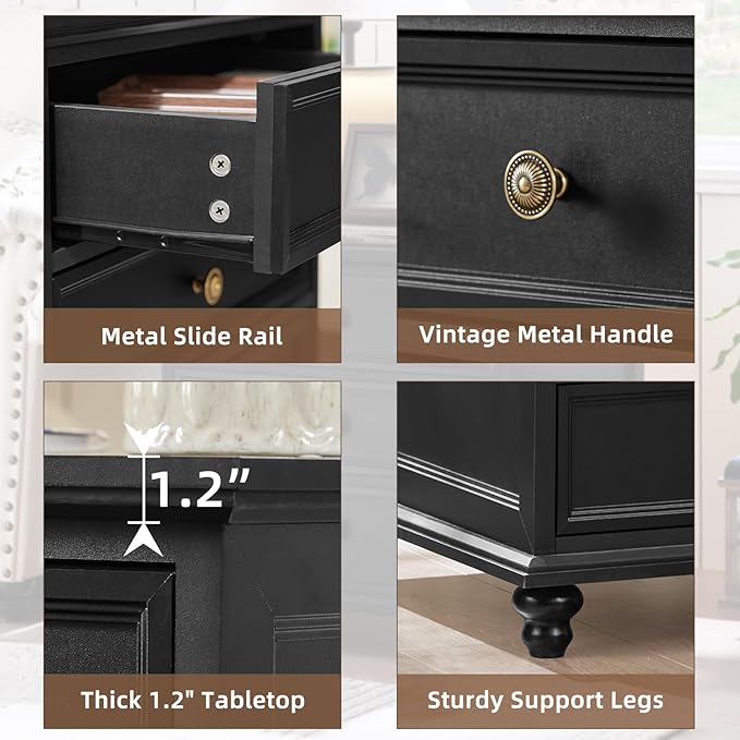 24" Wide Farmhouse Night Stand,Large End Table with 3 Drawers & Metal Handle,Black Dresser for Bedroom, Bed Side Table Chest of Drawers Cabinet,Wood Nightstand for Living Room,Closet