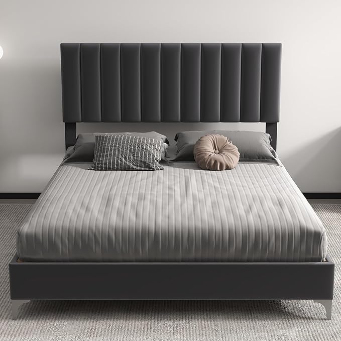 IDEALHOUSE Queen Bed Frame with Velvet Headboard Adjustable, Strong Wooden Slat Support, No Box Spring Needed, Noise Free Sleep,Easy Assembly, Dark Grey