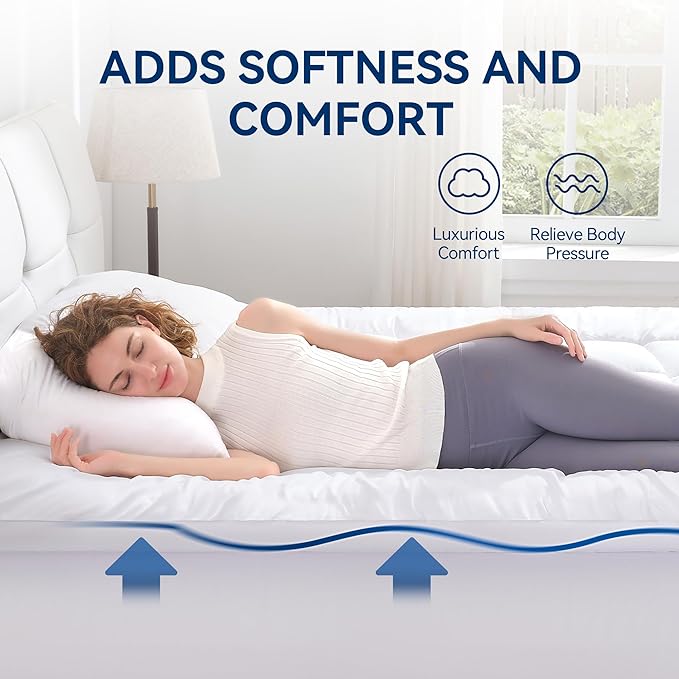 BDEUS Dual Layer 5 Inch Memory Foam Mattress Topper Queen Size, 2 Inch Gel Memory Foam Plus 3 Inch 1450 GSM Down Alternative Quilted Pillow Top Mattress Pad Cover,White