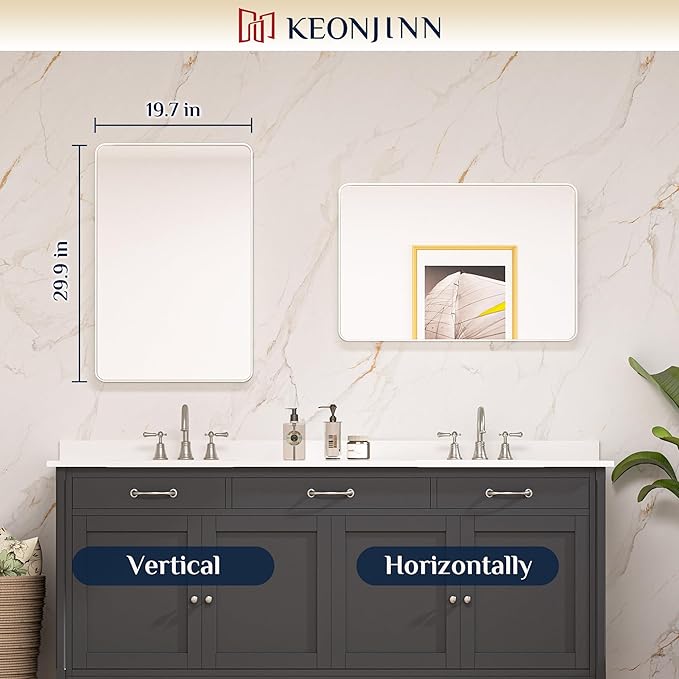 Keonjinn 20 x 30 Inch Brushed Nickel Bathroom Mirrors for Over Sink, Rounded Rectangle Silver Bathroom Vanity Mirror, Farmhouse Mirror for Wall, HD Tempered Glass, Anti-Rust Aluminum Alloy Mirror