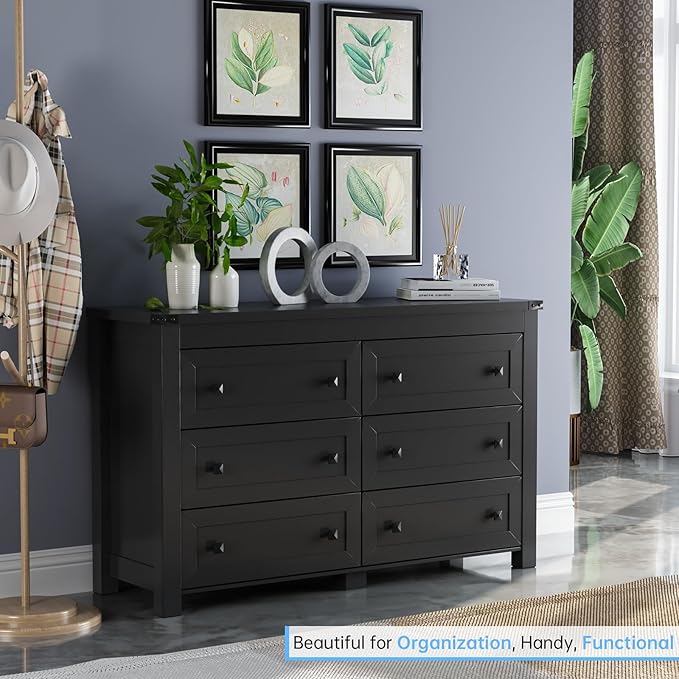 Black Dresser for Bedroom with 6 Drawers, Modern Chest of Drawers, Wood Dressers Bedroom Furniture Wide Storage Organizer, 6 Drawer Dresser for Closet, Living Room, Hallway