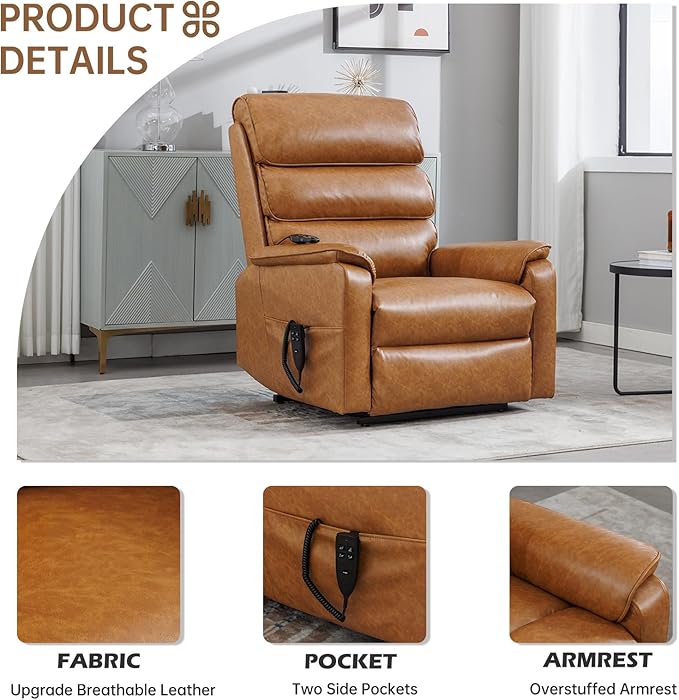 Lay Flat Lift Chair with Heat and Massage, Dual Motor Recliner with Infinite Position, Up to 350 LBS Electric Power Lift, Yellow Brown Leather Recliner