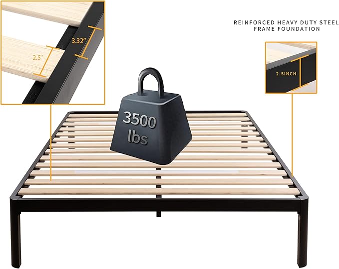 MAF 14 Inch Full Size Platform Bed Frames with Wooden Slats, Black 3500 Lbs Heavy Duty Metal Bed Frame with Anti-Collision Round Legs, No Box Spring Needed, Easy Assembly