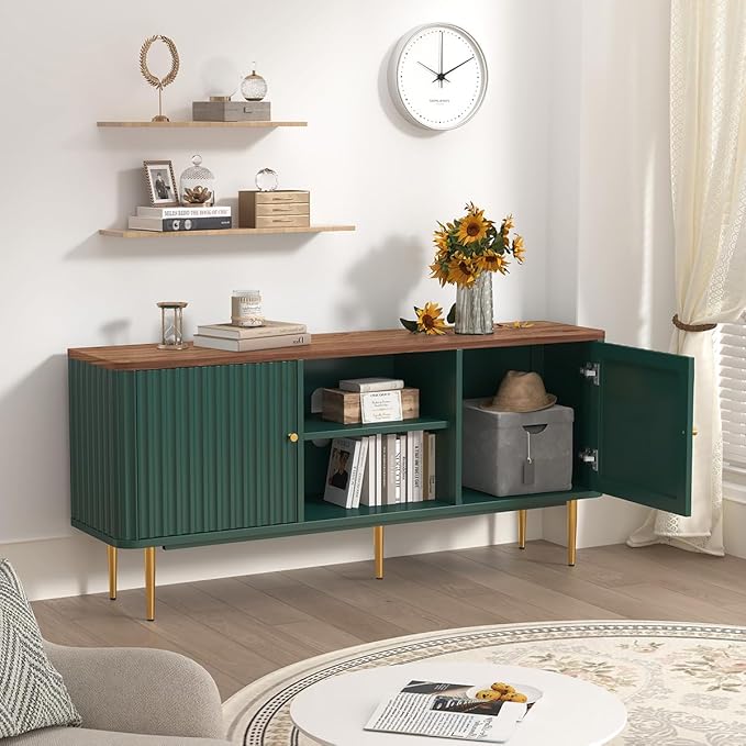 ARTPOWER 55” Fluted TV Stand, Mid Century Modern Green TV Stand for 55/60/65 inch TV, Entertainment Center with Storage, Television Stands, TV Console, Media Console for Living Room, Bedroom (Green)