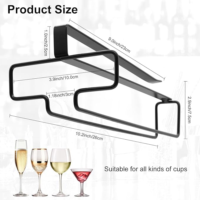 4PCS Wine Glass Holder, Stemware Rack Hanger Under Cabinet, Hanging Glass Storage Rack Organizer for Kitchen Bar, Black