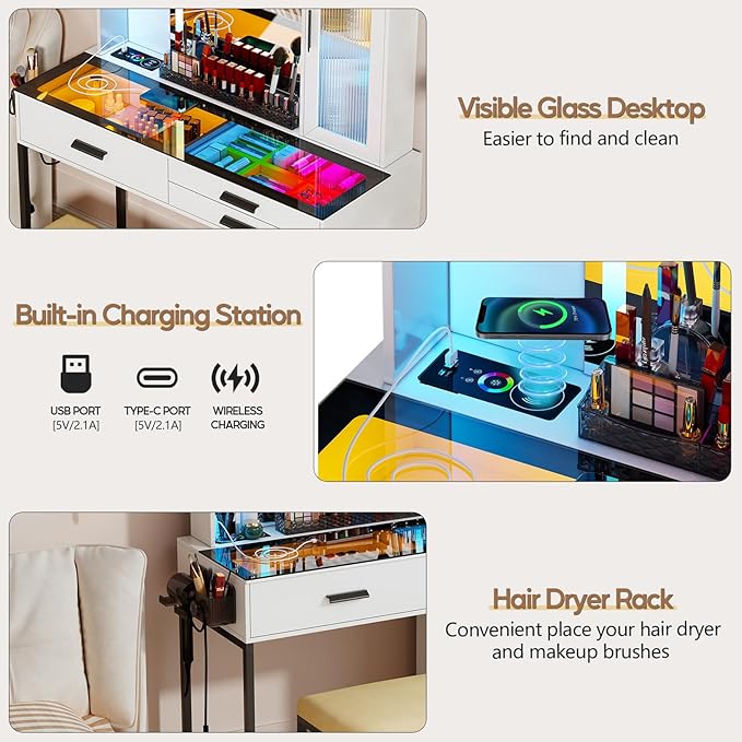 Makeup Vanity Desk with Mirror and RGB Lights,Glass Top Vanity Table with Wireless Charging & Stool,Vanity Set with 6 Drawers & Storage Cabinet & Makeup Organizer，Bedroom（White）