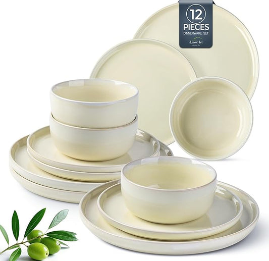 AmorArc Stoneware Dinnerware Sets for 4,Round Reactive Glaze Ceramic Plates and Bowls Set,Highly Scrath Resistant | Dishwasher & Microwave Safe Dishes Set,Service for 4 (12pc)