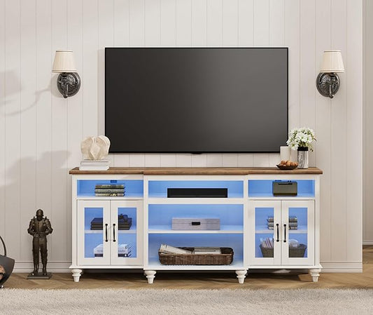 WAMPAT Farmhouse TV Stand with Blue LED Light, 4-Door Glass Wood Entertainment Center with 9 Storage Cabinets, Media Console Table for Living Room Bedroom，70'', Antique White