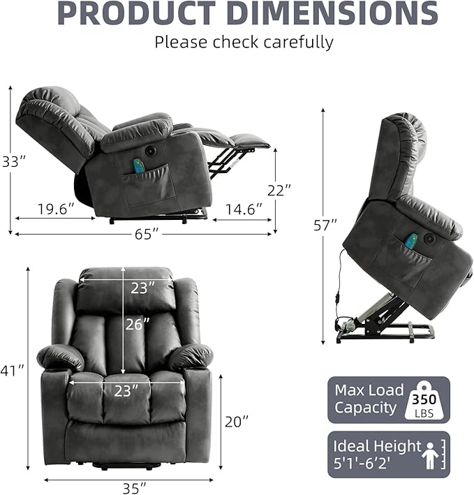 Power Lift Recliner Chair for Elderly, Electric Recliner Chairs for Adults with Massage and Heat, Cup Holders, Remote Control, USB Ports, Side Pockets, Leather (Aluminum Gray)