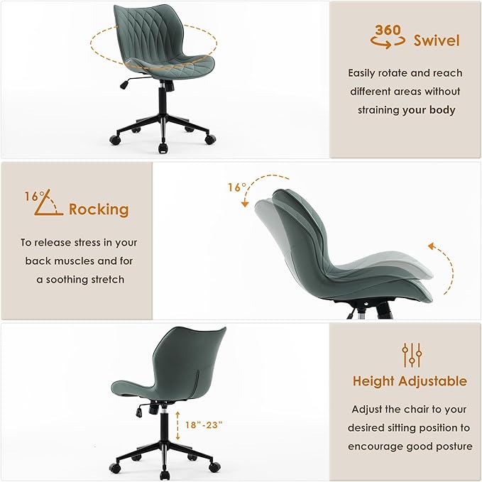 YOUNUOKE Armless Desk Chair Comfy Office Chair with Wheels Home Ergonomic Task Chair Adjustable Computer Chairs Modern Faux Leather Swivel Chair Upholstered Makeup Vanity Chair(Grayish Green)