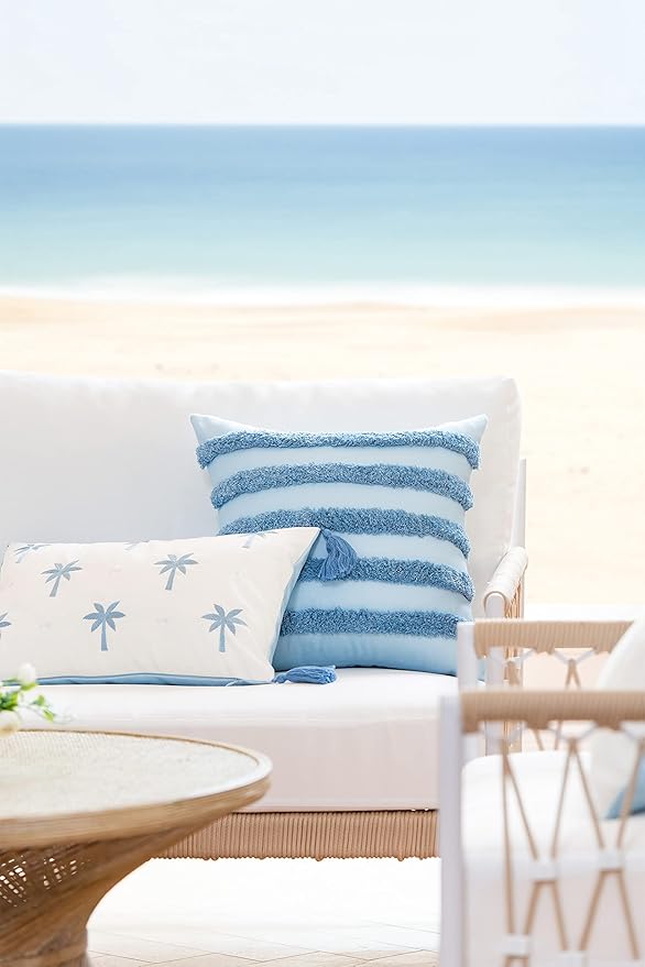 Hofdeco Premium Coastal Hampton Style Patio Indoor Outdoor Lumbar Pillow Cover Only, 12"x20" Water Resistant for Backyard, Couch, Baby Blue Embroidered Palm Tree Tassel