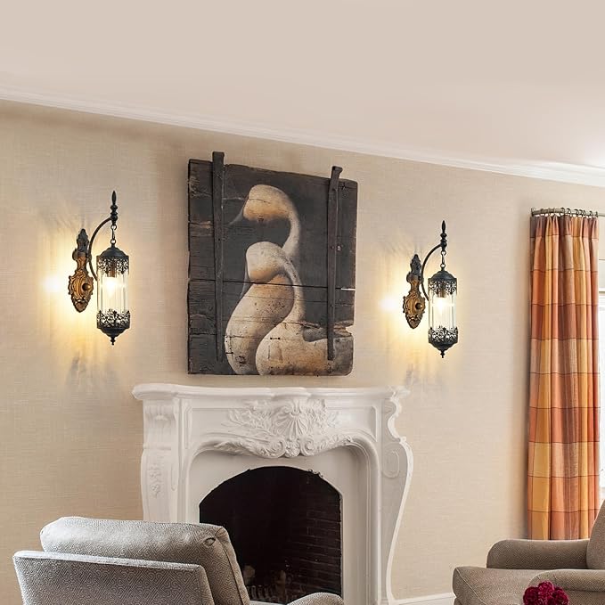 Rustic Glass Wall Sconce Mini Vintage Antique Gothic Wall Light Fixture Retro Farmhouse Mid Centry Lantern Wall Sconce for Bedroom, Hallway, Living Room, Mirror, Black, E12