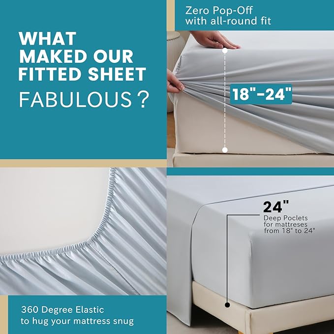 Bedlifes Queen Sheet Set, Extra Deep Pocket 18-24 Inches,1000Thread Count 100% Egyptian Cotton, Soft and Breathable Sateen 4-Piece,Light Blue