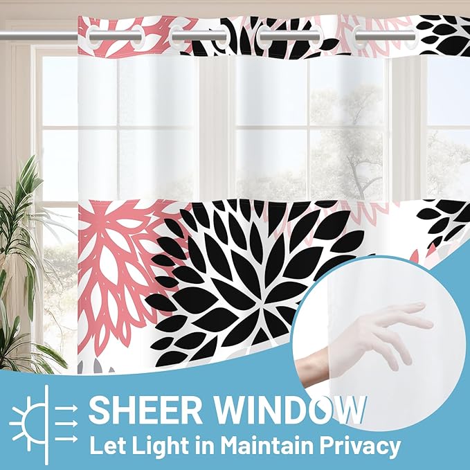 No Hook Shower Curtain with Snap in Liner - Dahlia Floral Shower Curtain - Fabric Waterproof Inner Liner, Plants Pink Grey Flowers Modern Cloth Shower Curtains - Machine Washable, 71 x 74