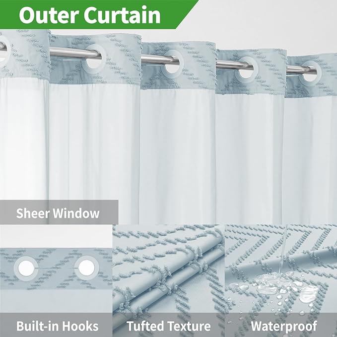 Stall No Hook Boho Farmhouse Shower Curtain with Snap-in Fabric Liner set-54Wx80H(78H),Tufted Chevron Striped Hotel Grade Cloth Shower Curtains for Bathroom,Water Repellent,Fog Blue