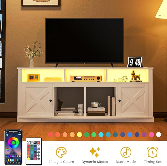 DWVO TV Stand for 75/80 Inch TV, Entertainment Center, LED Light Media Console, TV Cabinet with Barn Doors and Power Outlet for Living Room, White